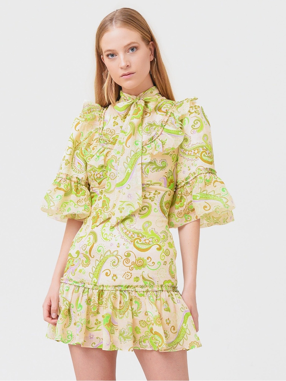 Alemais Paisley Tie-Neck Ruffle Mini Dress in Light Green and Cream